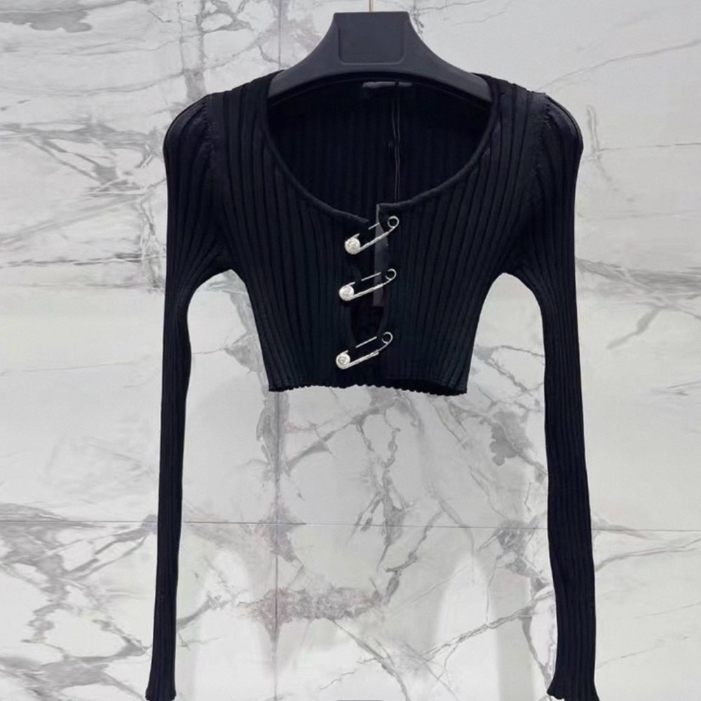 Black Ribbed Long Sleeve Top with Unique Closure